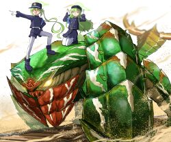  2girls absurdres armband belt blue_archive blue_armband bug carapace closed_eyes commentary_request crossover gloves green_hair green_halo hair_between_eyes halo hand_on_own_hip hat highres hikari_(blue_archive) kepi military_hat monster_hunter_(series) monster_hunter_4 multiple_girls nozomi_(blue_archive) nubebenbe oversized_bug pantyhose pleated_skirt pointing rabbit_pose railroad_tracks riding riding_animal sand seltas_queen shorts siblings sidelocks sisters skirt tail train_conductor twins twintails white_gloves white_pantyhose yellow_eyes 
