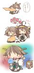  2girls ahiruaoba ahoge brown_hair chibi cutting_hair detached_sleeves hairband hiei_(kantai_collection) japanese_clothes kantai_collection kongou_(kantai_collection) mirror multiple_girls nontraditional_miko open_mouth personification siblings sisters sleeping sweatdrop translated wide_sleeves 
