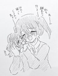  2girls =_= blush closed_eyes collared_shirt commentary_request crying ei_(eis0612) greyscale hair_ornament highres holding holding_mini_person love_live! love_live!_nijigasaki_high_school_idol_club medium_hair mini_person minigirl monochrome multiple_girls neck_ribbon nijigasaki_school_uniform nose_blush one_side_up open_mouth ribbon school_uniform shirt takasaki_yu tears translation_request triangle_hair_ornament twintails winter_uniform yuki_setsuna 