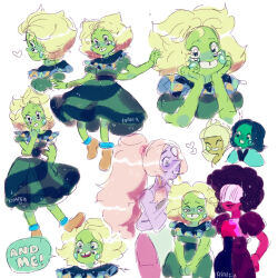  5girls afro blonde_hair blush colored_skin commentary dress english_commentary full_body garnet_(steven_universe) gem_(steven_universe) green_skin grin heart knaiifu left_jade lemon_jade multiple_girls opal_(steven_universe) ponytail right_jade sketch smile speech_bubble steven_universe tooth_gap upper_body white_background 
