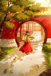  1girl architecture basket black_shoes blue_eyes blue_ribbon cat chinese_clothes closed_mouth commentary east_asian_architecture falling_leaves flats full_body grass green_hair green_jacket hair_ribbon highres holding holding_basket jacket kusuriya_no_hitorigoto leaf looking_at_viewer maomao_(kusuriya_no_hitorigoto) outdoors red_skirt ribbon ryeongrry11 shoes skirt solo tree untranslatable_commentary walking 