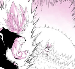  amayuki318 arms_up aura black_vest bodysuit boots broad_shoulders cape clenched_hand clenched_hands clenched_teeth commentary_request dragon_ball dragon_ball_z duel electricity explosion fat from_behind gloves gradient_background head_tail highres majin_buu majin_symbol midriff muscular muscular_male open_mouth partially_colored pink_background screaming spiky_hair super_saiyan super_saiyan_2 teeth thick_eyebrows thick_neck torn_clothes vegeta veins veiny_arms vest white_gloves 