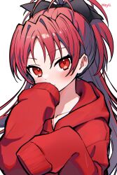 1girl absurdres artist_name black_bow blush bow collarbone commentary english_commentary hair_bow highres hood hood_down long_hair looking_at_viewer mahou_shoujo_madoka_magica mahou_shoujo_madoka_magica_(anime) mitsureki_meyli red_eyes red_hair sakura_kyoko simple_background sleeves_past_fingers sleeves_past_wrists solo upper_body white_background