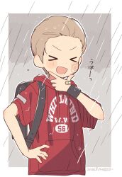  >_< 1boy backpack bag bandaid bandaid_on_hand black_bag blush_stickers brown_hair child closed_eyes commentary_request cropped_torso far_tarooo hair_slicked_back hand_on_own_chin hand_on_own_hip highres hood hood_down hoodie male_focus marking_on_cheek open_mouth original rain randoseru red_hoodie rotto_(far_tarooo) short_hair short_sleeves smile solo sweatband wet wet_hair wristband 