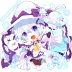  1girl 2014 blue_eyes blue_hair cape character_name chibi haru431 hat hatsune_miku long_hair magical_girl open_mouth pantyhose rabbit snowflakes solo twintails very_long_hair vocaloid wand witch_hat yuki_miku 
