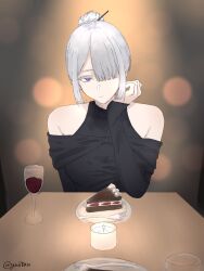  1girl absurdres ak-15_(girls'_frontline) alcohol alternate_costume alternate_hairstyle artist_name bare_shoulders black_dress blurry blurry_background breasts cake cake_slice closed_mouth commentary cup dating dress drinking_glass english_commentary food girls'_frontline_2:_exilium girls_frontline grey_hair hair_bun hair_ornament hair_over_one_eye hand_on_own_cheek hand_on_own_face highres long_hair looking_at_viewer pov pov_dating red_wine sidelocks simple_background solo table twitter_username upper_body violet_eyes voymastina_(girls'_frontline_2) wine wine_glass yuiitxu 