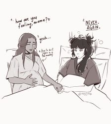  absurdres after_birth avatar:_the_last_airbender avatar_legends dialogue exhausted hair_bun hair_rings highres katara long_hair mai_(avatar) maryijoh7 pregnant sitting sleepy the_legend_of_korra under_covers 