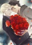  2boys ahoge black_hair blonde_hair blue_eyes bouquet fate/zero fate_(series) flower get3 kayneth_archibald_el-melloi lancer_(fate/zero) multiple_boys red_rose rose yellow_eyes 