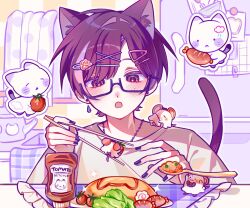  1boy :3 :o animal_ear_fluff animal_ears animal_on_shoulder bamg00n black_nails blush cat cat_boy cat_ears cat_tail chain chain_necklace cherry_tomato chopsticks crew_neck earrings food glasses hair_ornament highres holding holding_chopsticks indoors jewelry kamaboko ketchup ketchup_bottle kettle kitchen lettuce looking_at_animal male_focus mismatched_earrings mouse_(animal) narutomaki necklace omelet omurice open_mouth oto_rainy parted_bangs portrait purple_hair refrigerator sausage semi-rimless_eyewear shirt short_hair skoshism sparkle spoon straight-on table tail teardrop_earrings tomato towel triangle_hair_ornament under-rim_eyewear utaite violet_eyes virtual_youtuber white_shirt wooden_spoon x_hair_ornament 