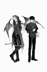  2boys belt book boots cassock choker clerical_collar closed_mouth demon_boy demon_horns demon_wings denim full_body greyscale gyou_chin highres holding holding_book horns jeans looking_at_viewer male_focus mole mole_under_mouth monochrome multiple_boys original pants priest smile spread_wings standing torn_clothes torn_jeans torn_pants wings 