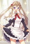  1girl bare_shoulders blonde_hair blush detached_sleeves elf kibamigohann long_hair looking_at_viewer maid myuseru_foaran open_mouth outbreak_company pointy_ears skirt skirt_lift solo twintails violet_eyes 
