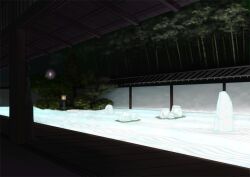  1girl bamboo bamboo_forest bug butterfly commentary_request crystal forest full_body lantern nature night original outdoors pillar pink_butterfly porch rock_garden sengoku_esuji solo standing tree 