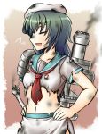  1girl burnt_clothes chimney closed_eyes collarbone green_hair hands_on_hips hat kantai_collection kiso_(kantai_collection) midriff navel neckerchief open_mouth profile sailor_hat sawany school_uniform serafuku small_breasts smoke solo torn_clothes 