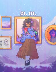  1girl antenna_hair black_hair black_shoes blue_cardigan blurry bow brown_skirt captain_spaceboy cardigan cardigan_partially_removed character_charm charm_(object) chromatic_aberration closed_eyes closed_mouth clouds commentary cowlick cup dark-skinned_female dark_skin dated depth_of_field donuqx double-parted_bangs drawing_(object) drop_shadow english_commentary facing_viewer floral_print flower frilled_skirt frills full_body glasses hair_between_eyes hair_ornament hand_up highres holding holding_sketchbook kel_(faraway)_(omori) kel_(omori) leaf long_skirt long_sleeves marker mary_janes medium_hair mincy_(omori) mole mole_under_mouth omori open_cardigan open_clothes paintbrush painting_(object) pantyhose pencil pocket portrait_(object) puffy_long_sleeves puffy_sleeves purple_background purple_flower red-framed_eyewear shirt shoes simple_background sitting sketchbook skirt sleeveless sleeveless_shirt smile solo star_(symbol) star_hair_ornament straight-on sunny_(omori) u_u white_bow white_pantyhose white_shirt 