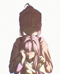  2girls ahoge anyoji_hime blush closed_eyes closed_mouth commentary crying crying_with_eyes_open hair_intakes highres hood hooded_jacket hoodie jacket layered_sleeves long_hair long_sleeves love_live! love_live!_hasu_no_sora_jogakuin_school_idol_club multi-tied_hair multiple_girls nose_blush pink_jacket ponytail porari sad sad_smile short_over_long_sleeves short_sleeves sidelocks simple_background tears time_paradox virtual_youtuber white_background white_hoodie 