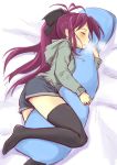  1girl black_legwear blush body_pillow closed_eyes hair_ribbon hoodie long_hair lying mahou_shoujo_madoka_magica open_mouth pillow pillow_hug ponytail redhead ribbon sakura_kyouko shorts solo thighhighs wa_(genryusui) 