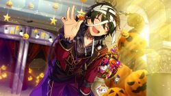  1boy bandages basket black_hair candy candy_cane closed_eyes cookie ensemble_stars! facing_viewer fingernails food frilled_sleeves frills game_asset ghost hair_between_eyes halloween hand_up happy_elements holding kagehira_mika long_sleeves magical_halloween_(ensemble_stars!) male_focus nail_polish official_art open_mouth pumpkin red_nails short_hair silk smile solo spider_web star_(symbol) teeth third-party_source upper_teeth_only 
