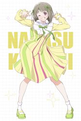  1girl :d ;d absurdres arms_up bow character_name chinese_commentary commentary_request dress frilled_sleeves frills full_body green_bow green_shoes grid_background grin hair_bow highres long_sleeves looking_at_viewer love_live! love_live!_nijigasaki_high_school_idol_club mary_janes medium_dress mutekikyuu_believer nakasu_kasumi one_eye_closed pink_eyes ruoguiling shoes smile socks solo standing striped_clothes striped_dress vertical-striped_clothes vertical-striped_dress white_background white_socks yellow_dress 