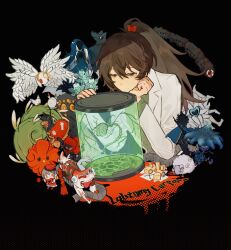  1girl aaaduorenzu absurdres aquarium big_and_will_be_bad_wolf big_bird_(project_moon) black_background bloodbath_(project_moon) blue_star brain brown_hair carmen_(project_moon) character_request closed_mouth coat copyright_name cropped_torso der_freischuetz_(project_moon) dot_nose english_text express_train_to_hell fairy_festival green_shirt hands_up highres judgement_bird knight_of_despair lab_coat laetitia_(project_moon) leaning_forward little_red_riding_hooded_mercenary lobotomy_corporation long_hair long_sleeves looking_ahead nothing_there ponytail porccubus project_moon punishing_bird red_eyes shirt simple_background spine the_little_prince_(project_moon) void_dream white_coat white_sleeves whitenight_(project_moon) 
