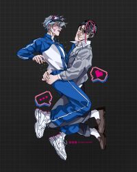  ... 2boys absurdres alien_stage artist_name bandaid bandaid_on_face bandaid_on_nose black_eyes black_mask blue_jacket blue_pants brown_shoes cactusute collared_shirt ear_piercing earphones earphones earrings gauze gauze_on_cheek green_eyes grey_sweater grid_background heart highres instagram_logo ivan_(alien_stage) jacket jewelry male_focus mask mask_on_head multiple_boys official_alternate_costume open_mouth pants piercing pink_ribbon pixel_heart pushing_away pushing_face ribbon shirt shoes sleep_mask spoken_ellipsis spoken_heart sweater thick_eyebrows till_(alien_stage) track_jacket track_pants track_suit tumblr_logo twitter_logo white_shirt white_shoes 