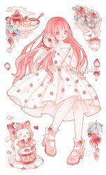  1girl ^_^ absurdres ahoge alternate_costume animal anklet bare_arms bare_shoulders blunt_bangs blush_stickers bouquet brooch brown_eyes cat chinese_commentary cloak closed_eyes clothed_animal collarbone commentary_request commission cream_puff cup dress drumsticks ear_covers envelope flower flower_brooch food food_print frilled_dress frilled_socks frills fruit fruit_print full_body happy hat hat_flower high_heels highres holding holding_drumsticks holding_instrument holding_tambourine hood hood_up hooded_cloak instrument invisible_chair jewelry jingyanyan light_blush long_hair long_sidelocks medium_dress momo_(nikki) nikki_(nikki) nikki_(series) nikki_up2u open_mouth pink_cloak pink_hair pink_shoes playing_drums playing_instrument pleated_dress print_dress pumps sample_watermark shoes sidelocks simple_background sitting smile socks steam strapless strapless_dress strawberry strawberry_hat_ornament strawberry_print tambourine tareme teacup teapot teaspoon very_long_hair watermark watermark_grid wax_seal whiskers white_background white_cat white_dress white_socks 
