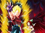  aura belt blonde_hair bow brown_hair crossover dragon_ball dragon_ball_z electricity feathered_wings fingerless_gloves gloves glowing green_eyes hair_bow highres kamishima_kanon muscle reiuji_utsuho spiky_hair super_saiyan third_eye touhou v vegeta widow&#039;s_peak wings 