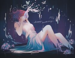  1girl artist_name bare_arms bare_shoulders blue_background blue_flower blue_skirt breasts brown_hair collared_shirt commentary covering_face crying dated disembodied_hand dissolving earrings english_commentary floating_hair flower flying_teardrops from_side full_body hand_grab happy_birthday highres instagram_logo instagram_username jewelry knee_up large_breasts meiik_a original purple_flower shirt short_hair sitting skirt sleeveless sleeveless_shirt twitter_username twitter_x_logo white_shirt 