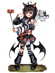  1girl absurdres ahoge animal_ear_headphones animal_ears arm_belt asymmetrical_legwear asymmetrical_sleeves bandaid bandaid_on_leg bare_shoulders bat_wings belt belt_collar black_choker black_hair black_nails black_shoes black_sweater cat_ear_headphones cat_ears choker collar commentary_request cross-laced_clothes cross-laced_dress dress eyeball_hair_ornament fake_animal_ears full_body h_ans_(hmn_anz) headphones highres holding layered_dress leg_belt long_sleeves looking_at_viewer loose_socks mahou_shoujo_no_majo_saiban multicolored_hair nail_polish off-shoulder_sweater off_shoulder orange_eyes orange_nails orange_streaks sawatari_coco selfie_stick shirt shoes short_hair sideways_mouth simple_background single_bare_shoulder single_thighhigh skirt skirt_under_dress skull sleeveless sleeveless_shirt socks solo standing streaked_hair striped_clothes striped_sleeves striped_thighhighs stuffed_animal stuffed_cat stuffed_toy sweater teeth thigh-highs upper_teeth_only white_background white_shirt white_skirt wings 