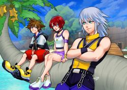  1girl 2boys aqua_eyes aquaxtic armband artist_name bare_shoulders beach black_camisole black_choker blue_eyes blue_pants boots breasts brown_hair camisole choker closed_mouth commentary crossed_arms crown_necklace english_commentary full_body grey_hair grin hair_between_eyes highres hood hood_down hooded_jacket in_tree jacket jewelry kairi_(kingdom_hearts) kingdom_hearts medium_breasts medium_hair midriff multiple_boys navel necklace ocean outdoors pants paopu_fruit parted_lips purple_armband purple_skirt red_hair red_romper riku_(kingdom_hearts) romper shirt shoes short_hair sitting sitting_in_tree skirt sleeveless sleeveless_shirt smile smirk sora_(kingdom_hearts) spiky_hair teeth tree upper_body vest white_camisole white_shoes wristband yellow_boots yellow_vest 