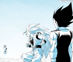  amayuki318 armband baggy_pants belly_dancing black_armband black_sclera blue_background bodysuit broad_shoulders clenched_hands clenched_teeth collarbone colored_sclera commentary_request dougi dragon_ball dragon_ball_z fighting_stance floating from_behind from_side gradient_background halo hand_on_own_hip head_tail highres hole_on_body injury kid_buu long_hair majin_buu martial_arts_belt muscular muscular_male no_eyebrows open_mouth pants pectorals smile son_goku spiky_hair super_saiyan super_saiyan_3 sweatdrop teeth thick_neck torn_clothes undershirt vegeta very_long_hair white_background wristband 