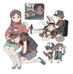 ... 1boy 1girl :t animification ankle_socks backpack bag baseball_cap black_eyes black_hat black_shoes black_skirt black_vest blue_headband blue_sweater blush blush_stickers book bowl braces brother_and_sister brown_hair chair chibi chibi_on_head child chinese_commentary chips_(food) closed_eyes closed_mouth commentary_request crumbs dipper_pines eating feet_up food food_in_mouth food_on_face from_side frown full_body girl_on_top grappling_hook gravity_falls green_bag green_skirt green_sweater grey_pants grin hair_between_eyes hair_over_shoulder hand_on_another's_head hat headband highres holding holding_book holding_paper hood hooded_vest hoodie invisible_chair invisible_floor kneehighs kneeling lap_pillow long_hair long_sleeves looking_at_another looking_at_viewer looking_to_the_side lying lying_on_person ma_fu mabel_pines medium_skirt multiple_views on_floor on_head on_stomach open_book open_clothes open_vest orange_sweater pants paper parted_hair pencil_skirt portrait reading red_headband red_shirt red_sweater shaded_face shirt shoes short_hair siblings side_part sideways_glance simple_background sitting skirt smile socks spoken_ellipsis standing sweater t-shirt the_pose turtleneck turtleneck_sweater twins two-tone_hat u_u vest walking white_background white_hat white_socks yellow_socks 