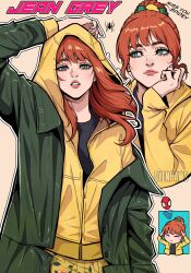  1girl absurdres black_shirt blue_eyes bug coat english_text freckles green_coat hair_bun hair_ornament hair_scrunchie head_rest highres jacket jean_grey jewelry lips looking_at_viewer marvel multiple_expressions orange_hair oyenpaws ring scrunchie shirt spider spider-man spider-man:_brand_new_day spider-man_(series) yellow_jacket 