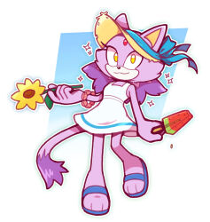  1girl alotaart animal_ears blaze_the_cat cat_ears cat_girl cat_tail dress flip-flops food forehead_jewel furry furry_female hat hat_ribbon highres popsicle purple_fur ribbon sandals solo sonic_(series) straw_hat sundress tail watermelon_bar white_dress yellow_eyes 