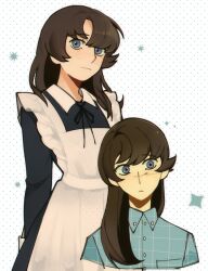 1girl adam_lanza animification apron arms_behind_back black_ribbon blue_eyes blue_shirt breast_pocket brown_hair buttons closed_mouth collared_dress collared_shirt commentary dotted_background dress english_commentary eyelashes facing_to_the_side frills genderswap genderswap_(mtf) highres kaynsuicide light_blush looking_at_viewer looking_to_the_side maid maid_apron medium_hair multiple_views neck_ribbon parted_bangs plaid_clothes plaid_shirt pocket polo_shirt real_life ribbon sandy_hook_elementary_school_shooting shiny_eyes shirt sidelocks sleeve_cuffs star_(symbol) true_crime waistband white_apron white_background 