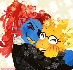 2girls alphys arm_freckles artist_name blue_skin body_freckles closed_eyes colored_skin colored_teeth commentary eyeshadow fins fish_girl flower freckles glasses head_fins hug makeup mmmmmmrmn multiple_girls ponytail red_eyeshadow red_flower red_hair reptile_girl sharp_teeth teeth undertale undyne utdr_(toby_fox) yellow_flower yellow_skin yellow_teeth yuri 