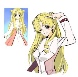  1girl anime_screenshot_inset arm_up blonde_hair breasts commentary_request double_bun drill full_moon_(full_moon_wo_sagashite) full_moon_wo_sagashite grey_eyes hair_bun highres korean_commentary kouyama_mitsuki long_hair male_focus medium_breasts multicolored_hair n_(nauki_11) reference_inset screenshot_inset smile solo two-tone_hair upper_body v 