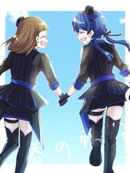  2girls :d awoke_(love_live!) black_boots black_gloves black_shorts black_skirt blue_gloves blue_jacket blue_sky boots closed_eyes commentary_request dollchestra from_behind gloves highres holding_hands jacket kachimachi_kosuzu kanduki_kamibukuro leg_up love_live! love_live!_hasu_no_sora_jogakuin_school_idol_club multiple_girls murano_sayaka open_mouth pinstripe_jacket pinstripe_pattern profile seishun_no_rinkaku shorts shorts_under_skirt sideways_mouth skirt sky smile song_name thigh_boots 