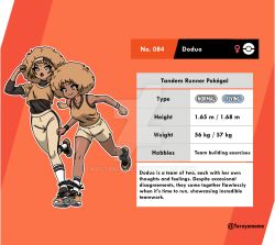  2girls afro artist_name brown_eyes brown_hair character_name character_profile dark-skinned_female dark_skin deviantart_logo deviantart_username doduo english_text height layered_sleeves long_sleeves multiple_girls orange_background personification pokedex_number pokemon pokemon_sword_and_shield running shirt shirt_tucked_in shoes short_over_long_sleeves short_sleeves shorts sleeveless sleeveless_shirt sneakers socks sportswear sweat taruyamame three-legged_race turtleneck venus_symbol watermark weight wristband 