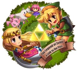  2girls :d artist_name bird blonde_hair blue_eyes boots border bracer brown_boots brown_eyes bunny_link circlet commentary_request copyright_name dress duck fairy full_body green_tunic kainan link long_hair multiple_girls open_mouth pink_hair pink_tabard pointy_ears princess_zelda rabbit short_hair smile star_(symbol) star_wand sword tabard the_legend_of_zelda the_legend_of_zelda:_a_link_to_the_past triforce tunic weapon white_border white_dress wreath 