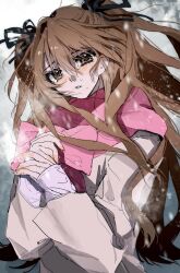  1girl black_ribbon blush brown_eyes brown_hair coat cold crying crying_with_eyes_open floating_hair hair_ribbon highres long_hair long_sleeves looking_at_viewer messy_hair ogiso_setsuna open_mouth own_hands_together pink_scarf ribbon ribbon-trimmed_scarf scarf shi_xu_jiu_zhou snowing solo tears twintails two_side_up white_album_(series) white_album_2 