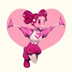  1girl colored_skin eyelashes gem gem_(steven_universe) gloves hair_bun heart heart-shaped_gem heart-shaped_hair highres homeworld_gem_uniform knaiifu no_ears pink_eyes pink_gloves pink_hair pink_skin puffy_short_sleeves puffy_sleeves short_sleeves simple_background smile spinel_(original_form)_(steven_universe) spinel_(steven_universe) steven_universe steven_universe:_the_movie twintails 