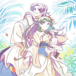  1boy 1girl back-to-back bandaged_wrist bandages beads belt blue_belt blue_eyes bun_cover chinese_clothes commentary_request cowboy_shot dangomochi2 dress falling_leaves gold_trim green_hair hair_beads hair_bun hair_ornament half_updo hand_on_own_hip highres jinshi_(kusuriya_no_hitorigoto) kusuriya_no_hitorigoto leaf long_hair maomao_(kusuriya_no_hitorigoto) parted_bangs parted_lips pink_eyes tassel tassel_hair_ornament violet_eyes white_dress 