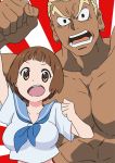  1boy 1girl blonde_hair brown_eyes brown_hair cheering fujisaki_(pixiv729262) gamagoori_ira kill_la_kill mankanshoku_mako muscle open_mouth school_uniform serafuku shirtless short_hair 