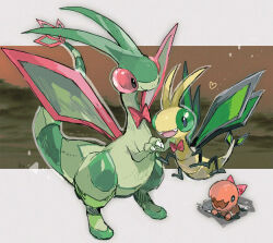  black_eyes bow bowtie claws closed_mouth commentary_request evolutionary_line fangs flygon full_body kantarou_(8kan) no_humans nostrils open_mouth pokemon pokemon_(creature) red_bow red_bowtie trapinch vibrava 