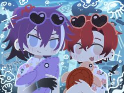  2boys :d absurdres alternate_costume banzoin_hakka black_hands blush colored_extremities commentary ear_piercing eyewear_on_head fang floral_print floral_print_shirt hawaiian_shirt heart heart-shaped_eyewear highres holding holding_stuffed_toy holostars holostars_english jellyfish kitt0_o machina_x_flayon male_focus multicolored_hair multiple_boys open_mouth piercing ponytail print_shirt purple-framed_eyewear purple_hair red-framed_eyewear red_hair shirt single_hair_streak smile streaked_hair stuffed_animal stuffed_dolphin stuffed_toy stuffed_turtle sunglasses tail upper_body virtual_youtuber white_streaks 
