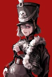  1girl 888_msb black_hair black_jacket blue_eyes fur-trimmed_jacket fur_trim german_text hat highres jacket meoseumbang military_hat military_uniform napoleonic_wars original plume red_background scar scar_on_cheek scar_on_face short_hair totenkopf 