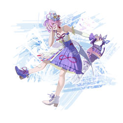  1girl :d absurdres ahoge asymmetrical_footwear bow chinese_commentary commentary_request dress drill full_body highres holding honkai_(series) honkai_gakuen looking_at_viewer mismatched_boots mismatched_footwear multicolored_hair pink_hair purple_dress purple_hair sharp_teeth short_hair sin_mal single_sleeve sleeveless sleeveless_dress smile solo teeth two-tone_hair violet_eyes white_bow white_sleeves yaoweishemeyizhitong 