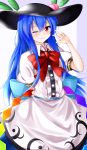  1girl blue_hair blush dress food fruit hat highres hinanawi_tenshi long_hair looking_at_viewer peach red_eyes simple_background smile solo touhou 