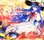  1girl blue_hair blush dress food fruit hat highres hinanawi_tenshi long_hair looking_at_viewer peach red_eyes simple_background smile solo sword sword_of_hisou touhou weapon 