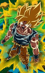  1boy aura belt blonde_hair blue_belt blue_boots blue_eyes blue_shirt boots bruise bruise_on_arm bruise_on_face clenched_hands clouds cloudy_sky collarbone commentary dragon_ball dragon_ball_z floating from_above full_body gonggi grass green_sky hair_up highres injury island male_focus muscular muscular_male namek ocean open_mouth orange_pants outdoors pants shirt sky solo son_goku spiky_hair super_saiyan super_saiyan_1 torn_clothes torn_shirt translation_request untranslatable_commentary wristband 